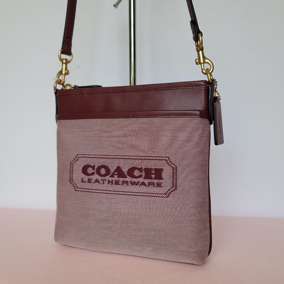 COACH Kitt Badge Jacquard & Smooth Leather Crossbody- Wine Multi ⭐ - Picture 4 of 16